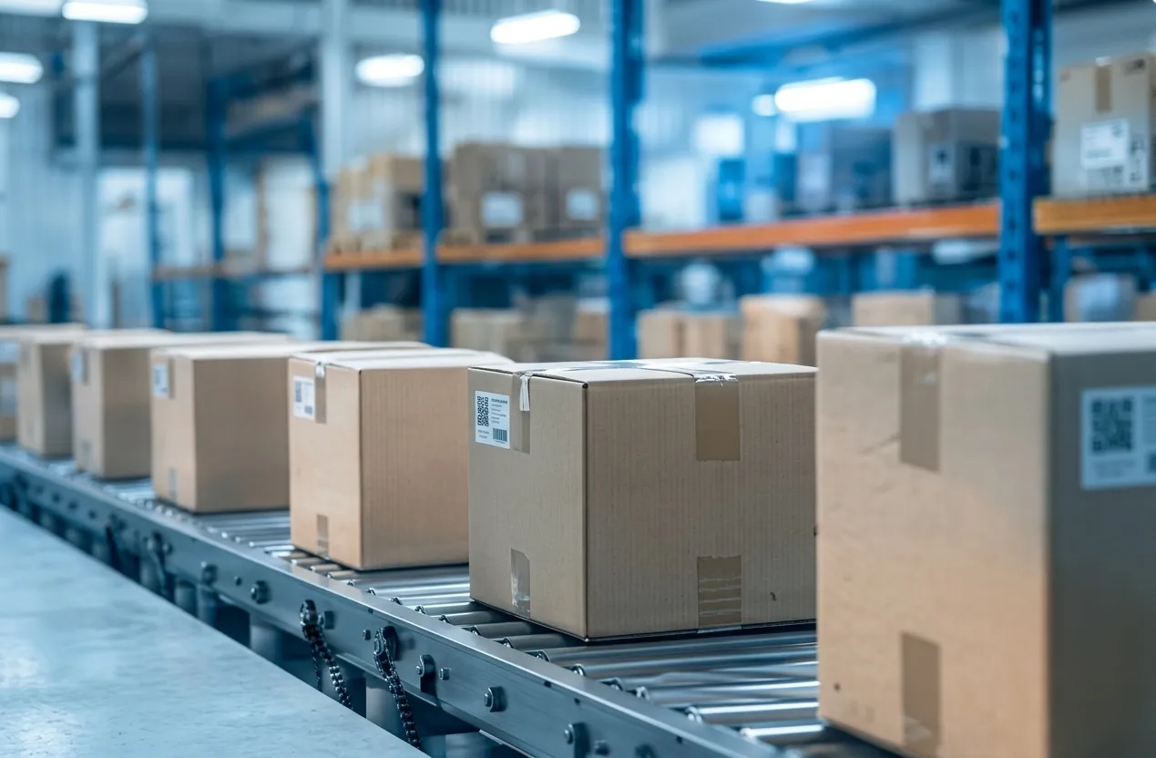 Cajas en cinta transportadora preparadas para la distribuci&oacute;n nacional