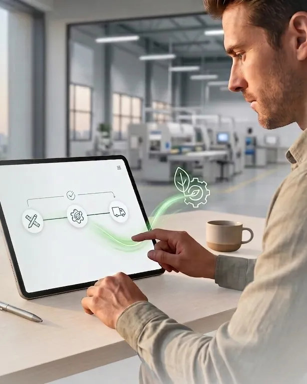 Profesional gestionando el flujo de impresi&oacute;n y env&iacute;o desde una tablet